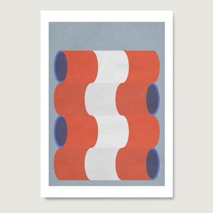 Blue, white and red graphic art print on paper.