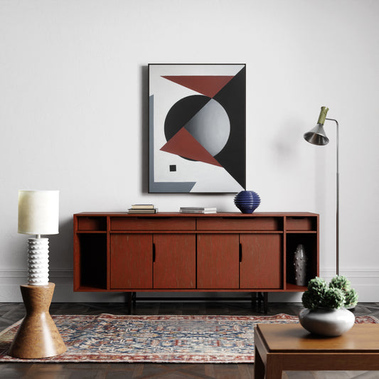 Suprematism painting with red, black and white, in an artistic living room.