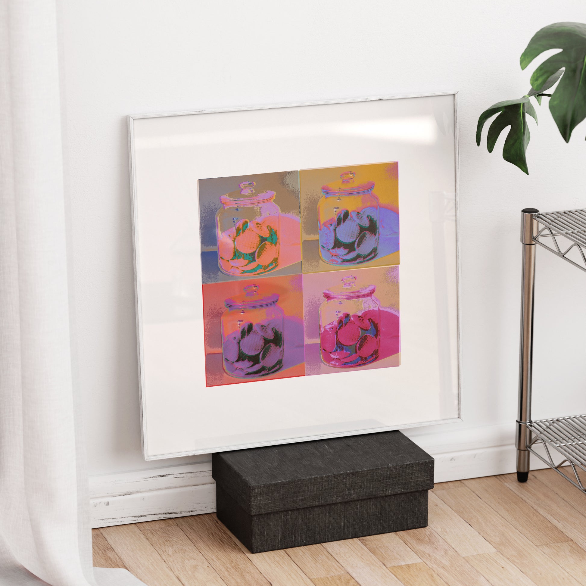 Colorful pop art art print in a white wood frame.