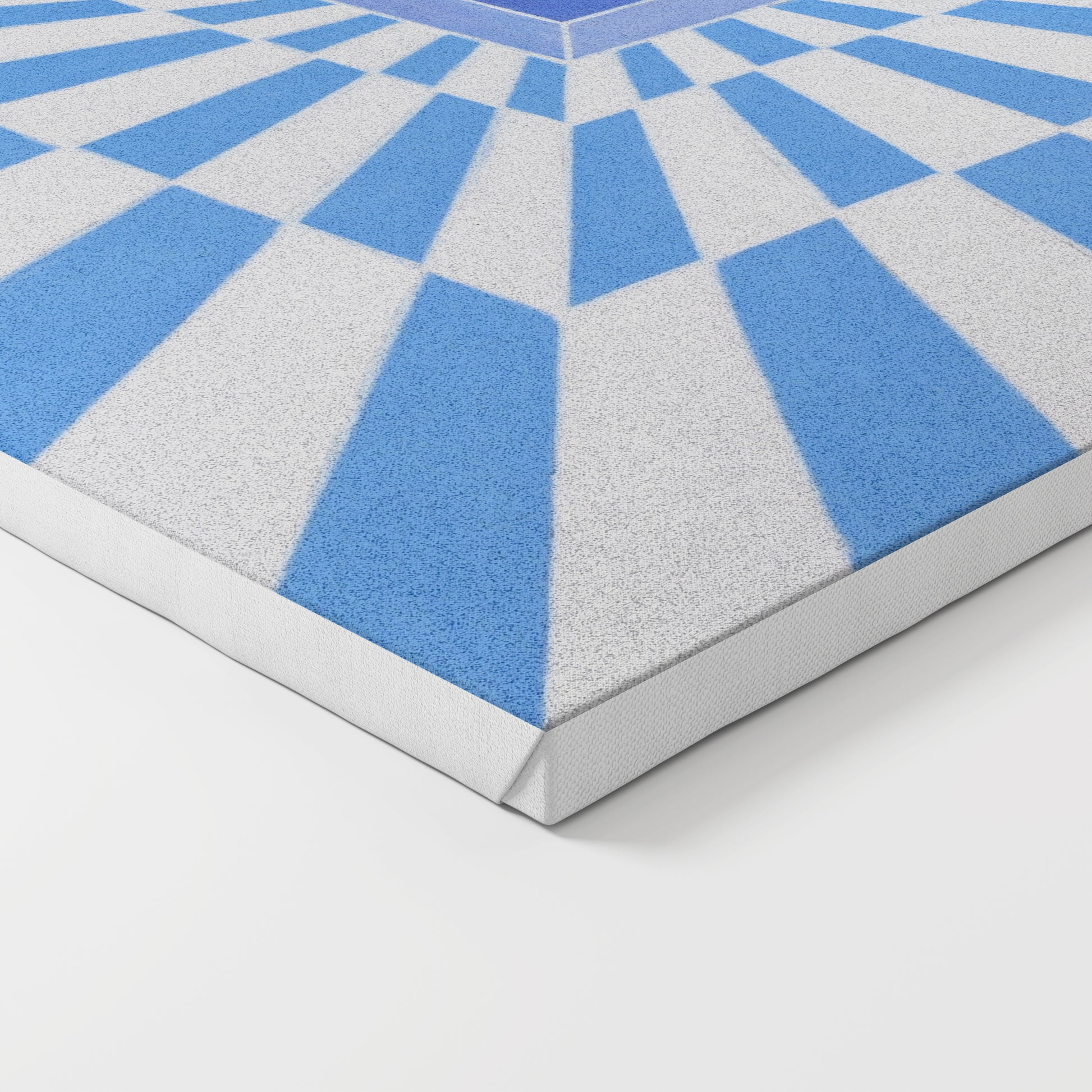Framed abstract artwork with blue and gray geometric pattern on a white background.
