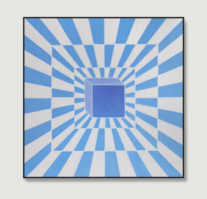 Op art piece with blue and white striped pattern and central square.