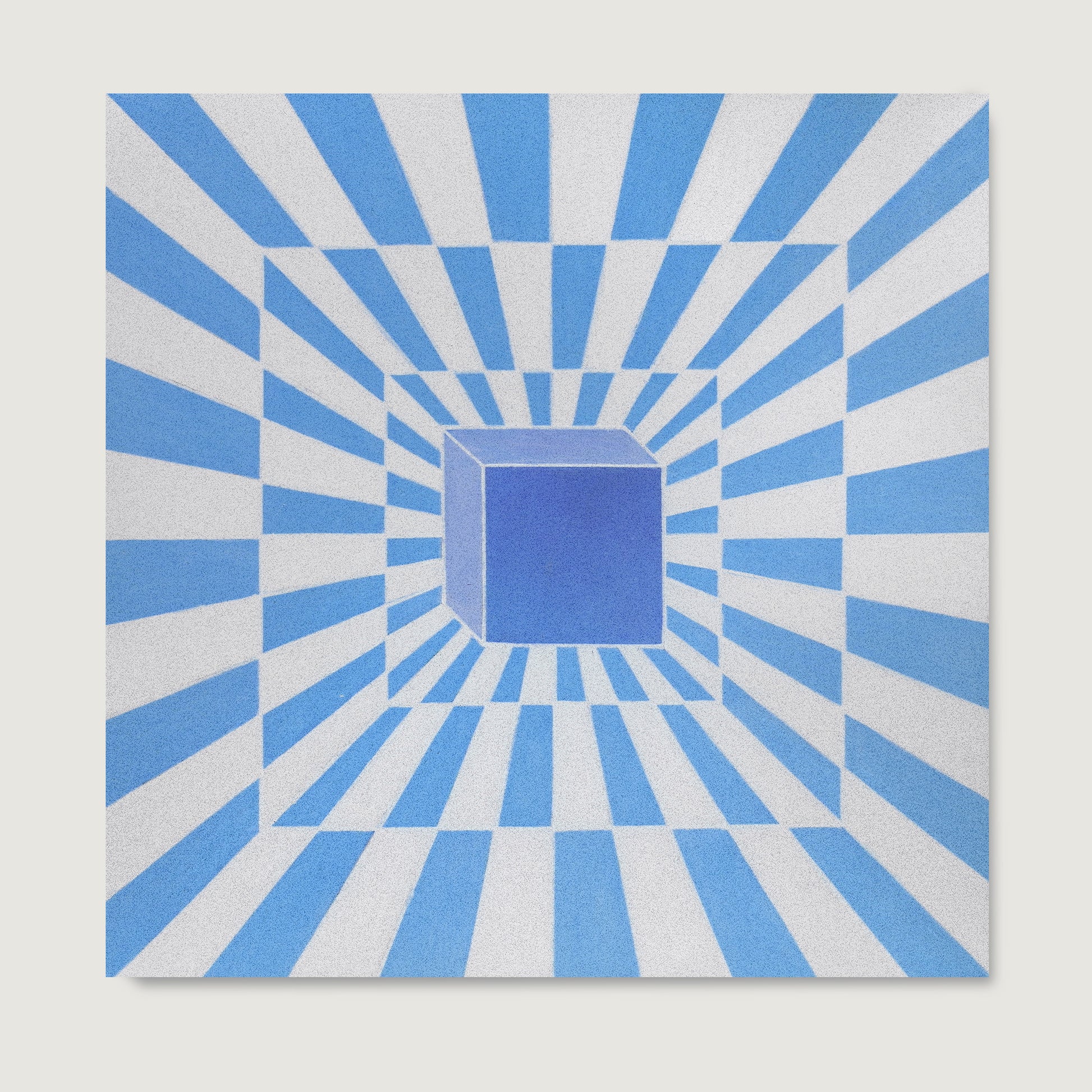 Blue and white optical illusion design art print with a central cube.