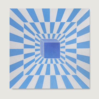 Blue and white optical illusion design art print with a central cube.