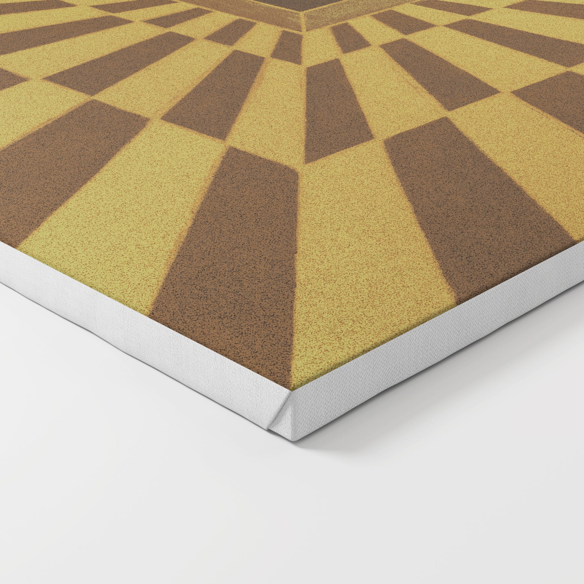 Close-up of a geometric patterned canvas art print with brown and yellow colors.