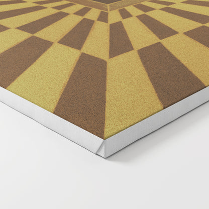 Close-up of a geometric patterned canvas art print with brown and yellow colors.