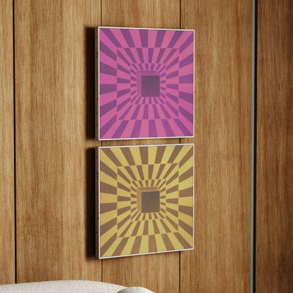 Two square wall art pieces with purple and yellow abstract patterns on a wooden panel background.
