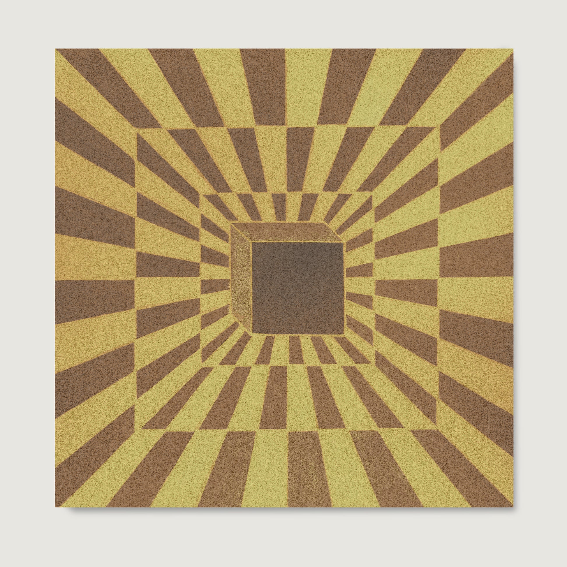 Square Optical art paper print with a brown and yellow geometric pattern.