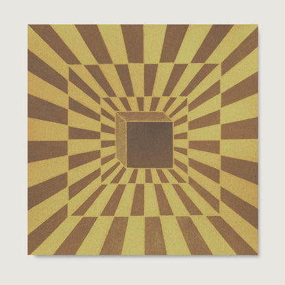 Square Optical art paper print with a brown and yellow geometric pattern.