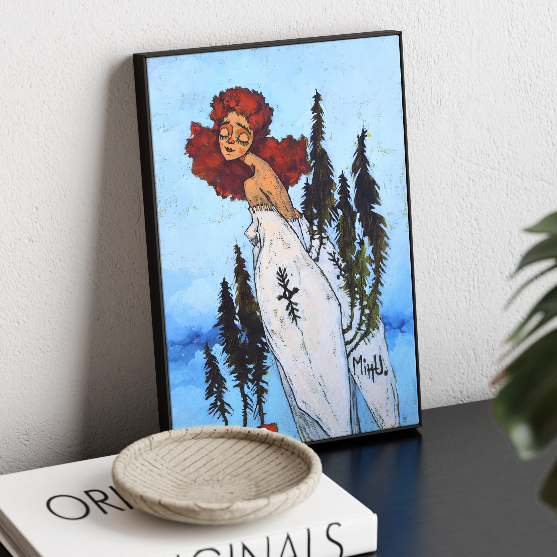 Figurative contemporary painting with a woman figure on a blue background, on a sideboard.