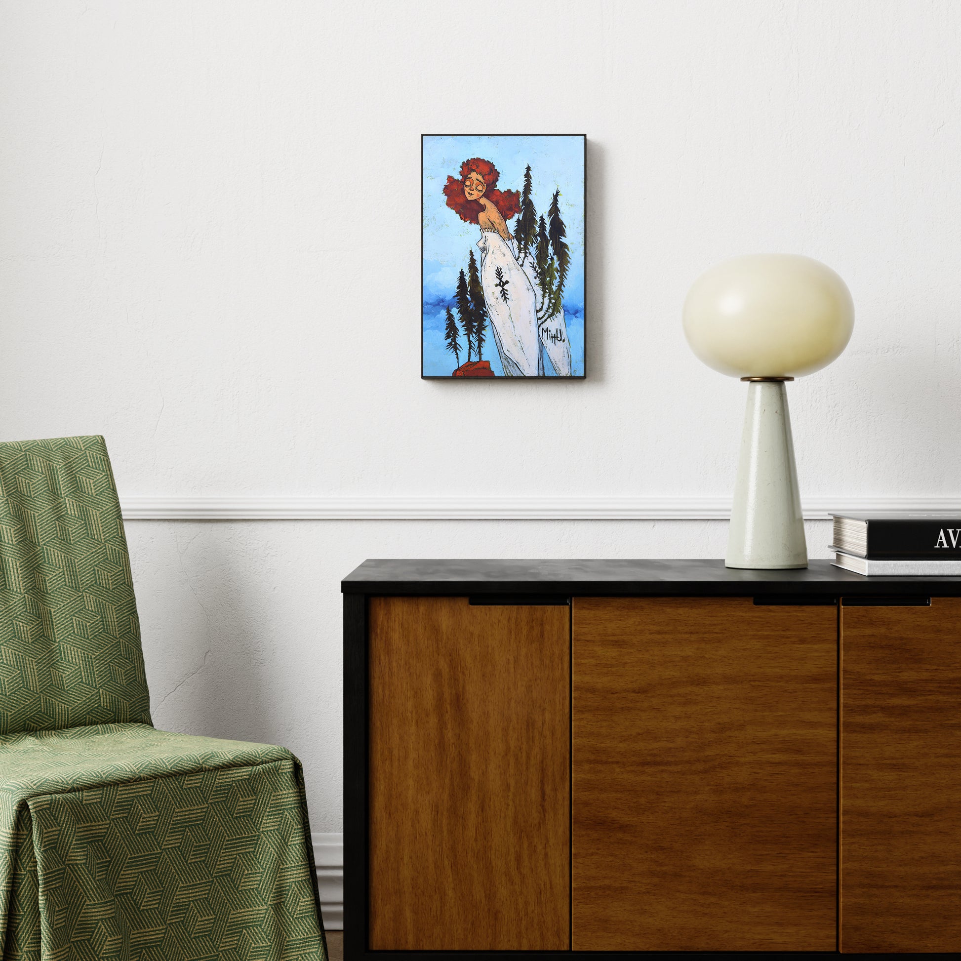 Figurative contemporary painting with a woman figure on a blue background, in an eclectic interior.