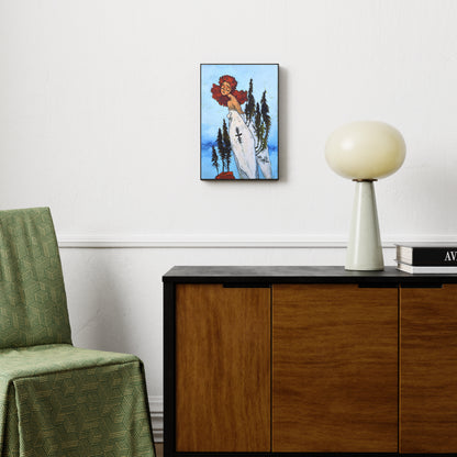 Figurative contemporary painting with a woman figure on a blue background, in an eclectic interior.