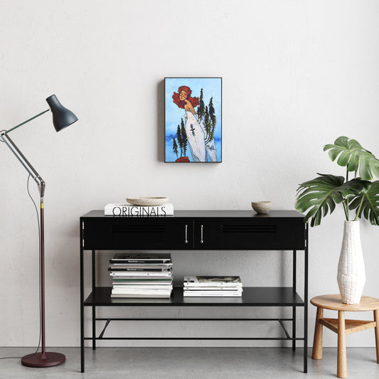 Figurative contemporary painting with a woman figure on a blue background, in a modern interior.