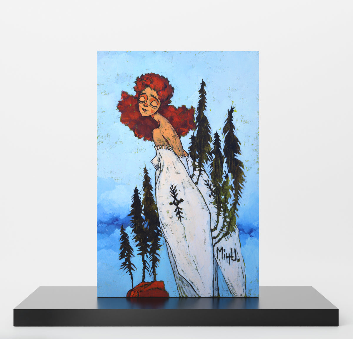 Figurative contemporary painting with a woman figure on a blue background.