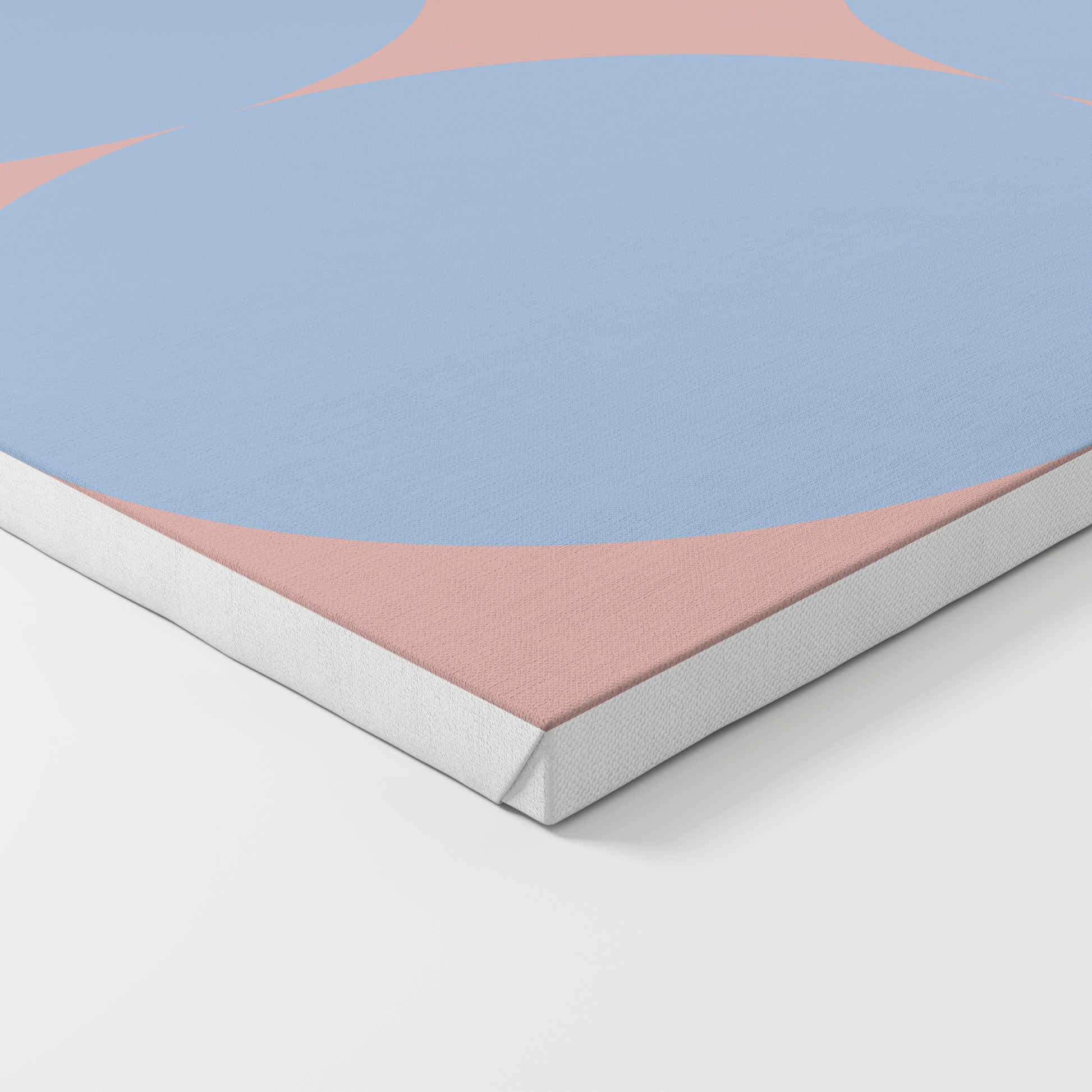 Contemporary minimalist art print with blue circles on pink, on canvas.