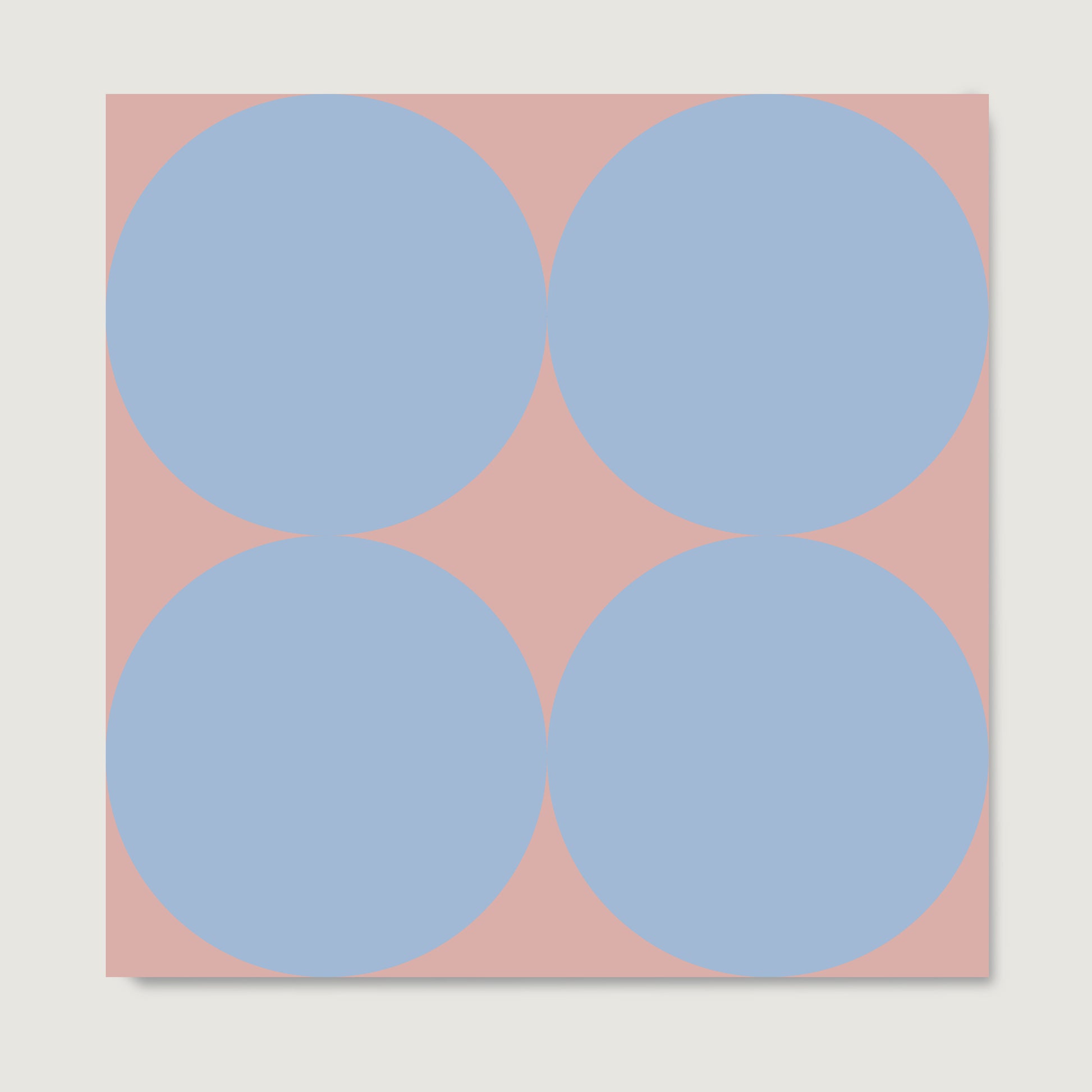 Contemporary minimalist art print with blue circles on pink, on paper.