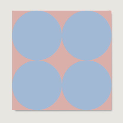 Contemporary minimalist art print with blue circles on pink, on paper.