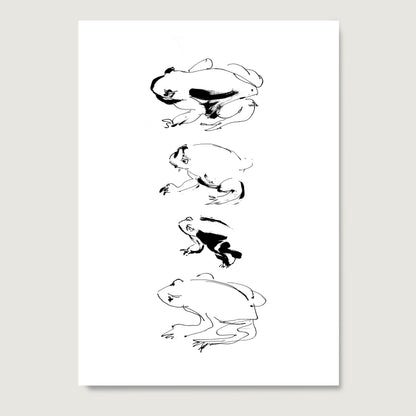 Art print on paper depicting an ink frog study with four frogs on a white background.