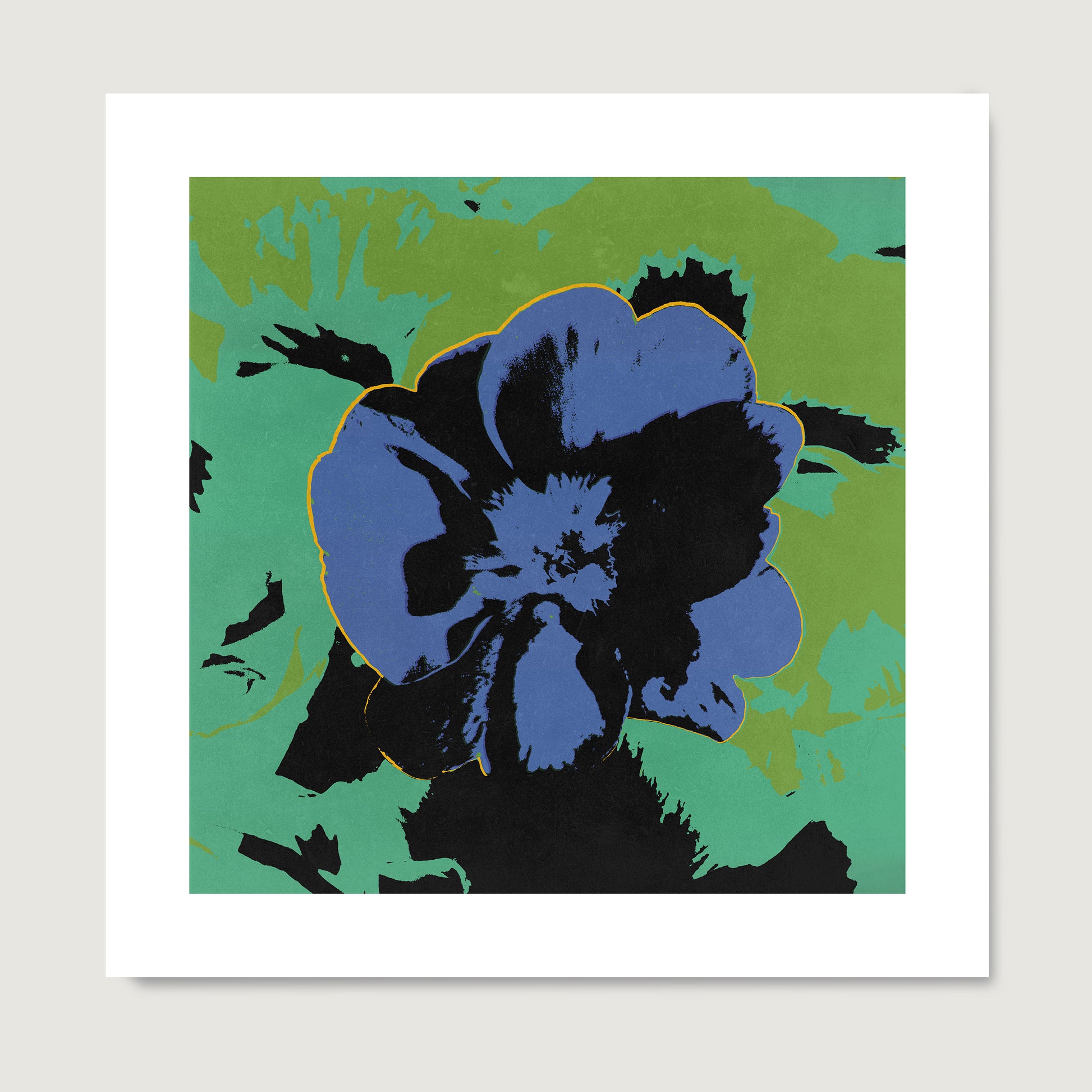 Pop art high quality print with blue flower on a green background.