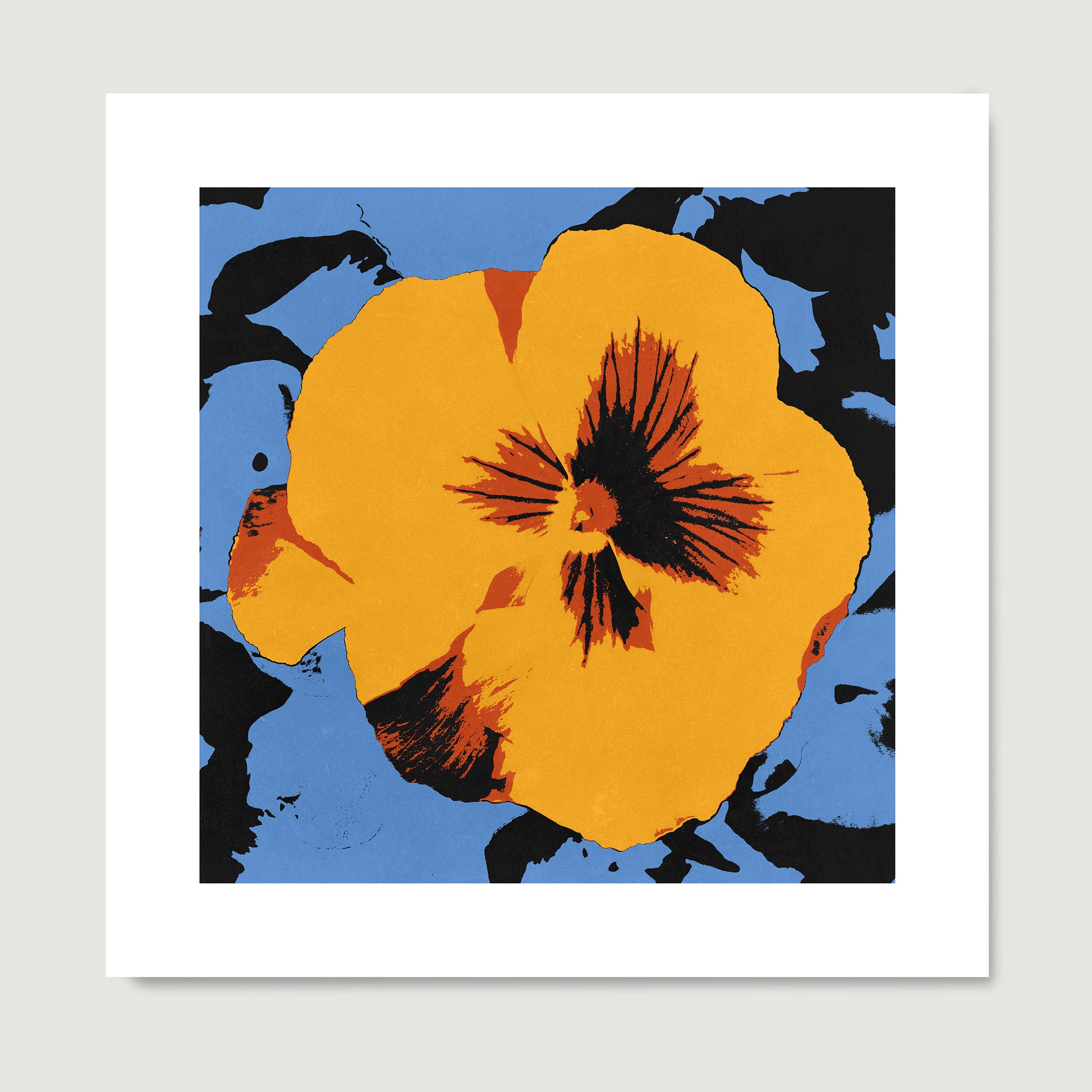 Pop art high quality print with a big yellow flower on a blue background.