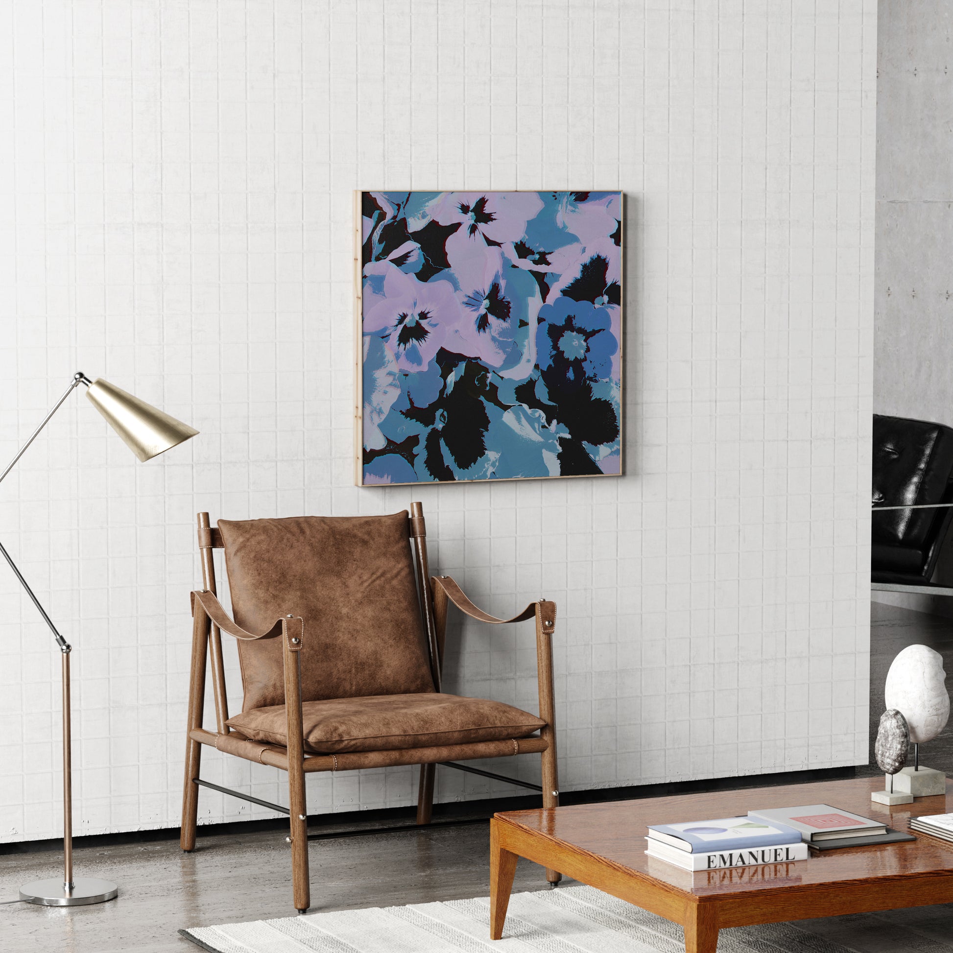 Pop art canvas print with flowers in a modern minimalist interior.
