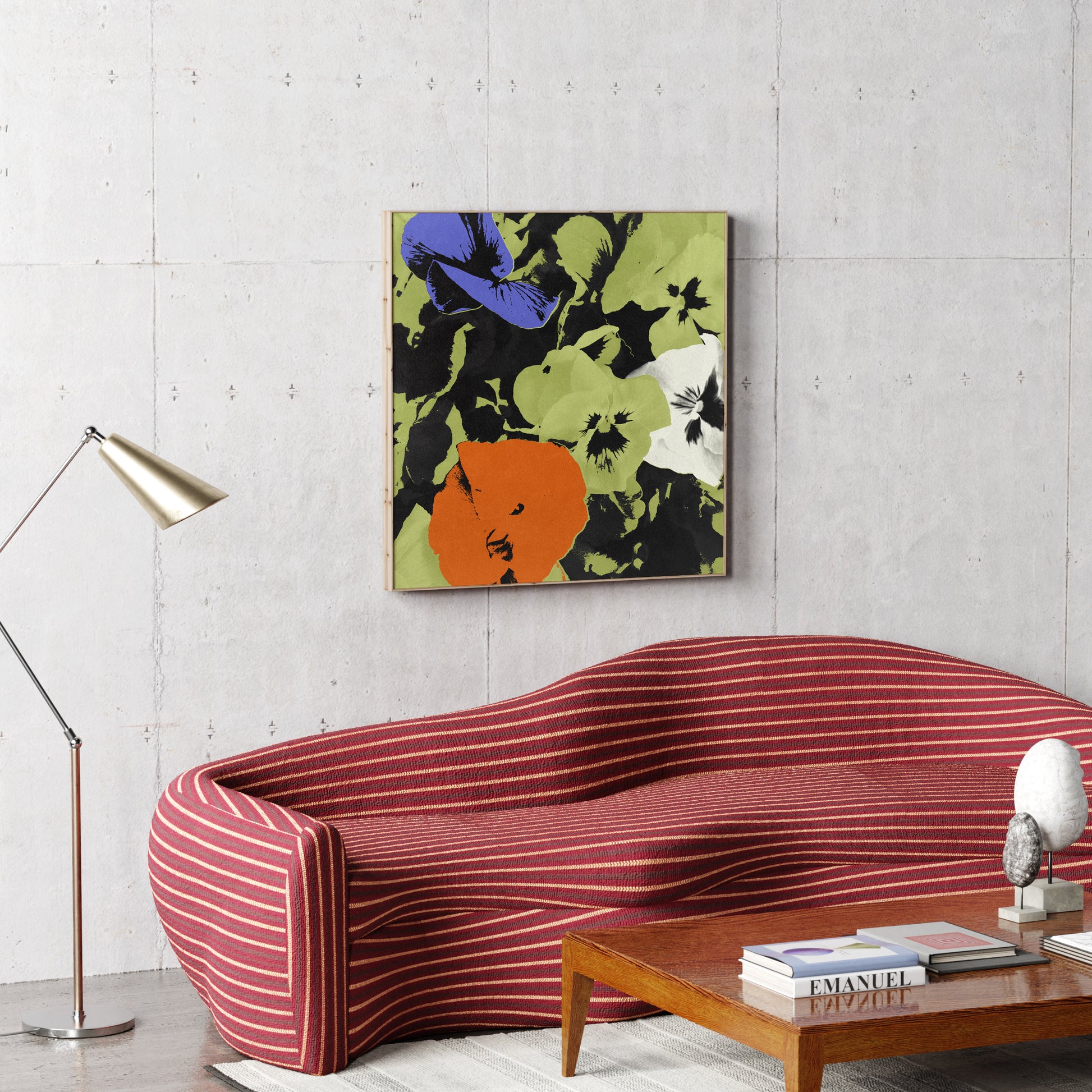 Pop art canvas print with flowers in a modern interior.