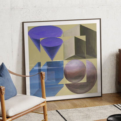 Pastel colors artistic geometric art print in a thin wood frame.