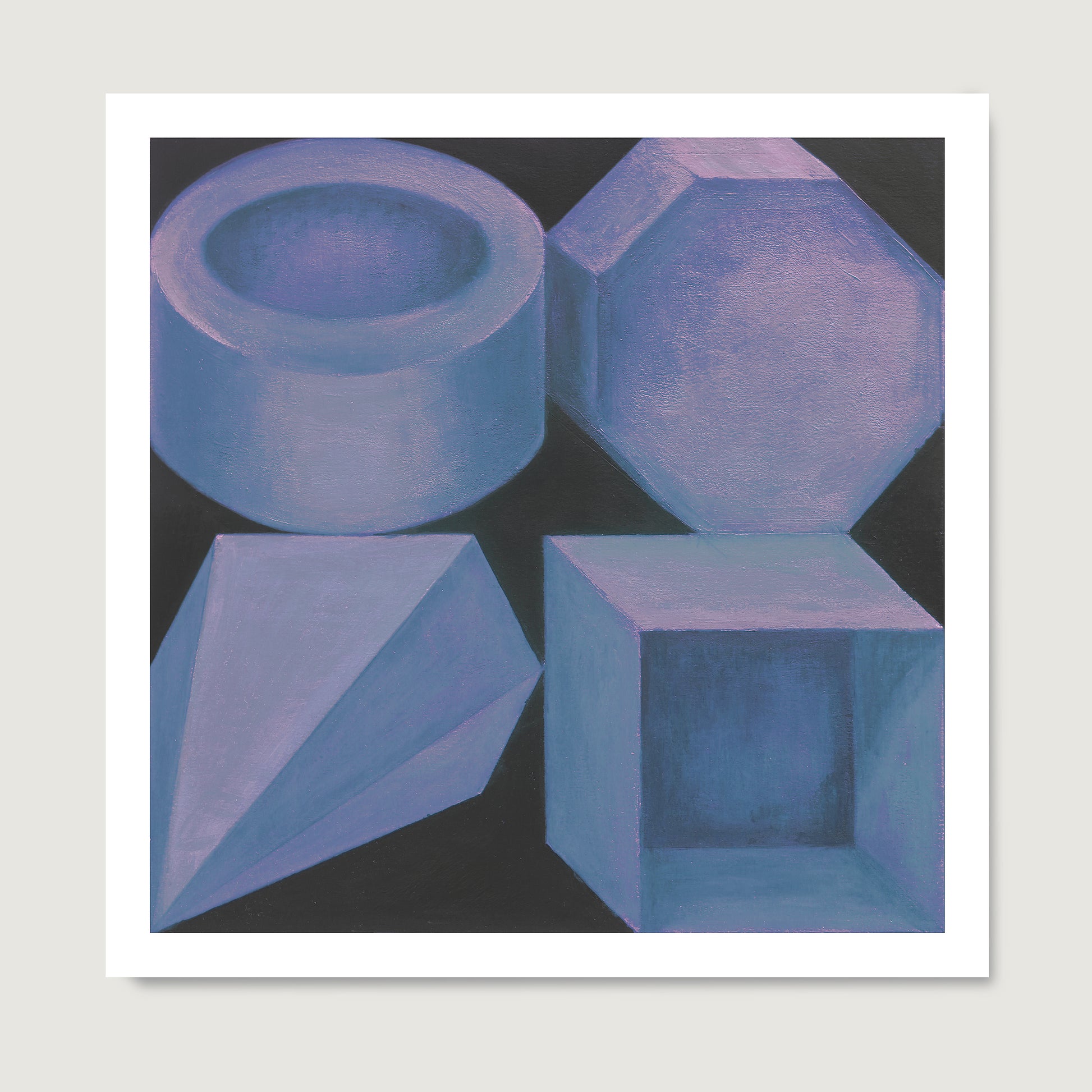 Blue geometric shapes on a black background art print, on paper.
