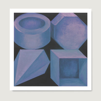 Blue geometric shapes on a black background art print, on paper.