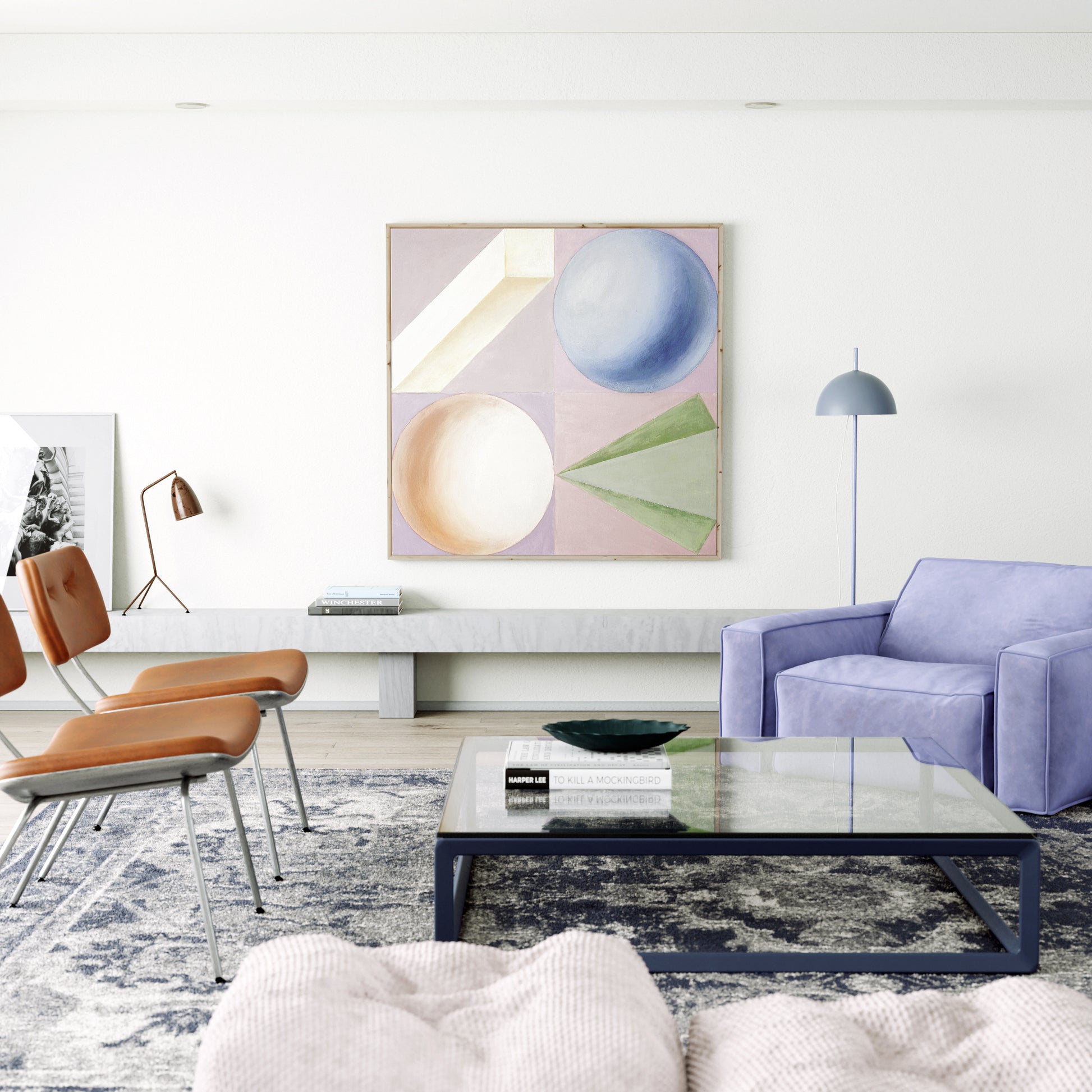 Bright pastel colors artistic geometric art print, in a modern interior.