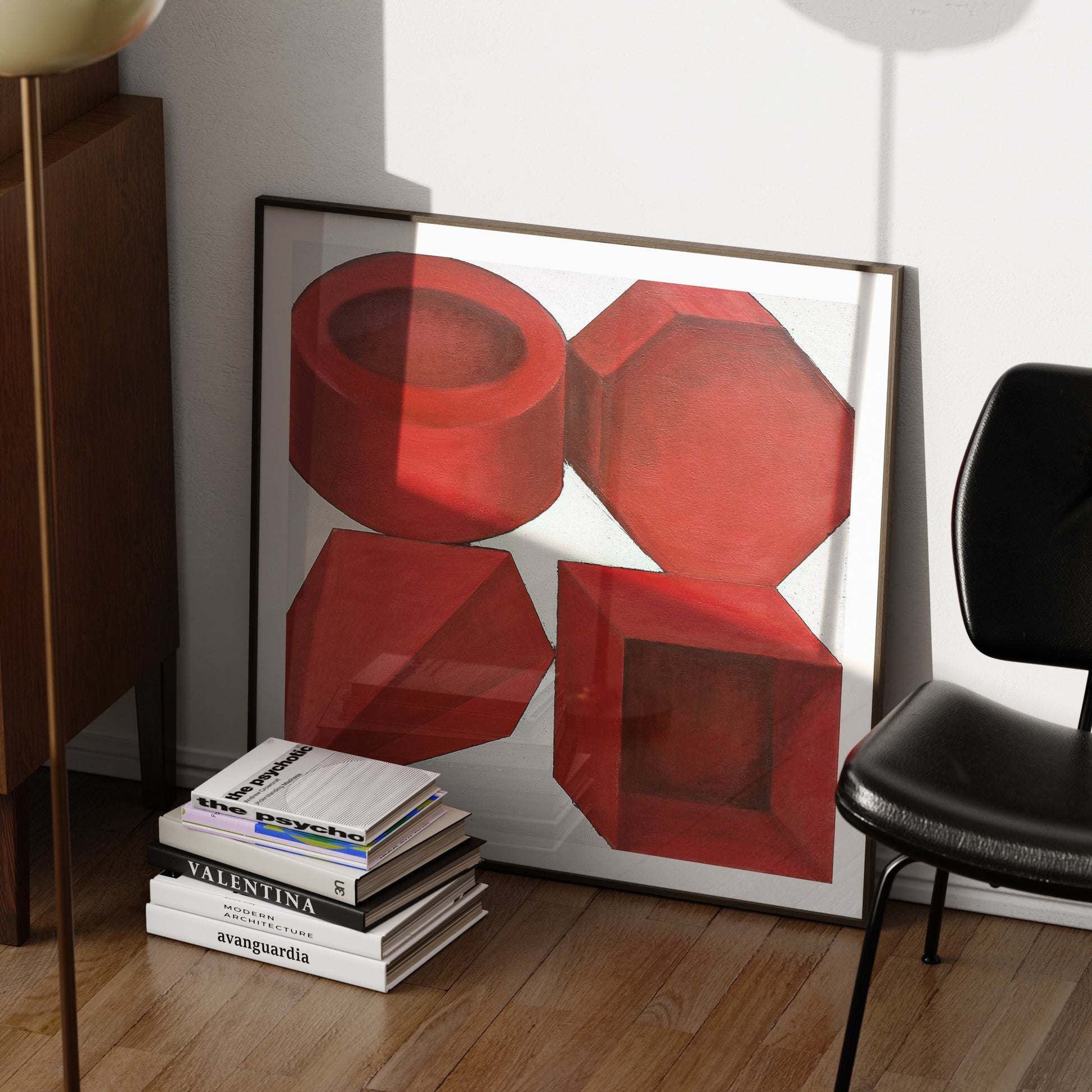 Red geometric shapes on a white background art print in a moody ambient.