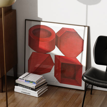 Red geometric shapes on a white background art print in a moody ambient.