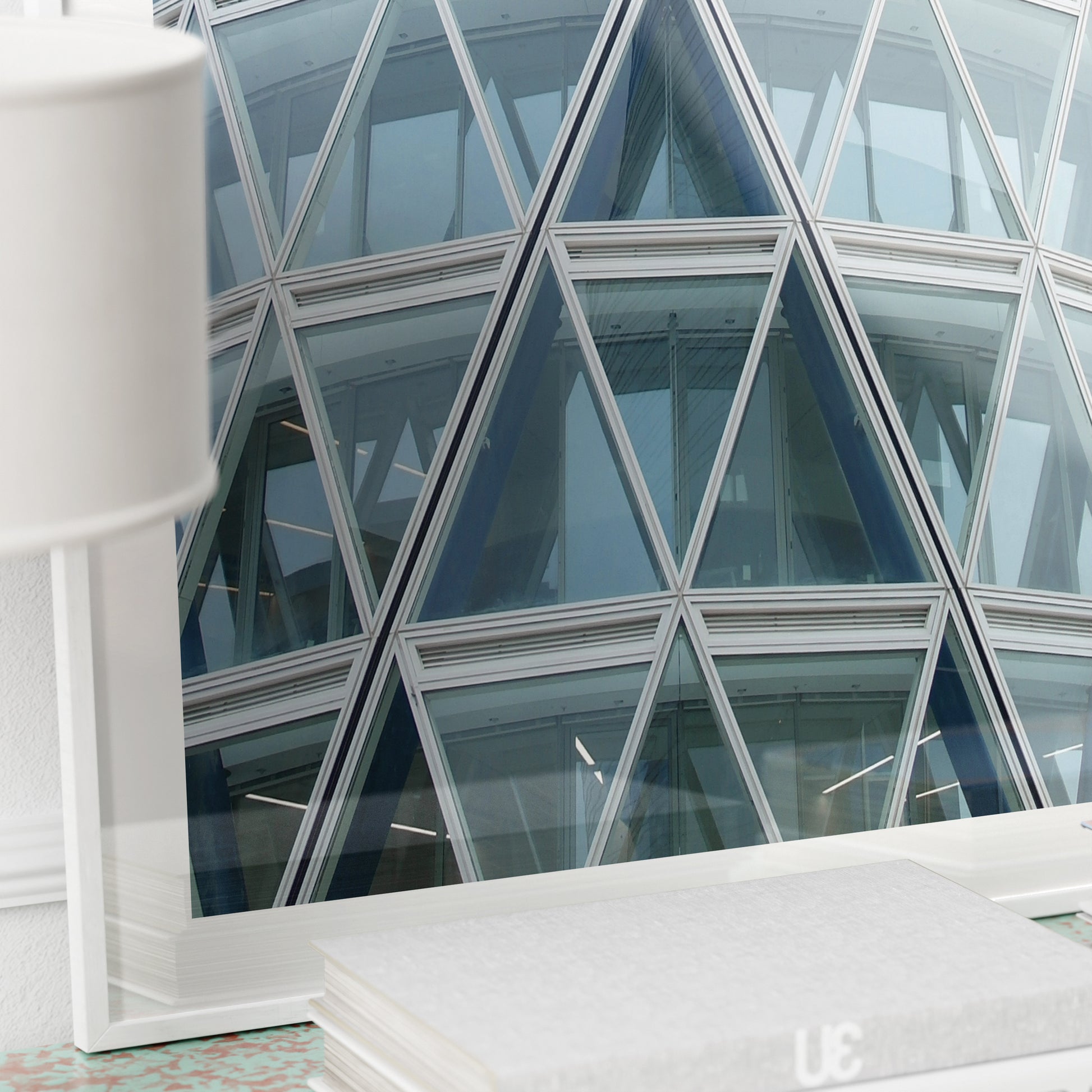 Detail of an abstract, geometric, modern architectural corner of Milan, pale blue photography art print.