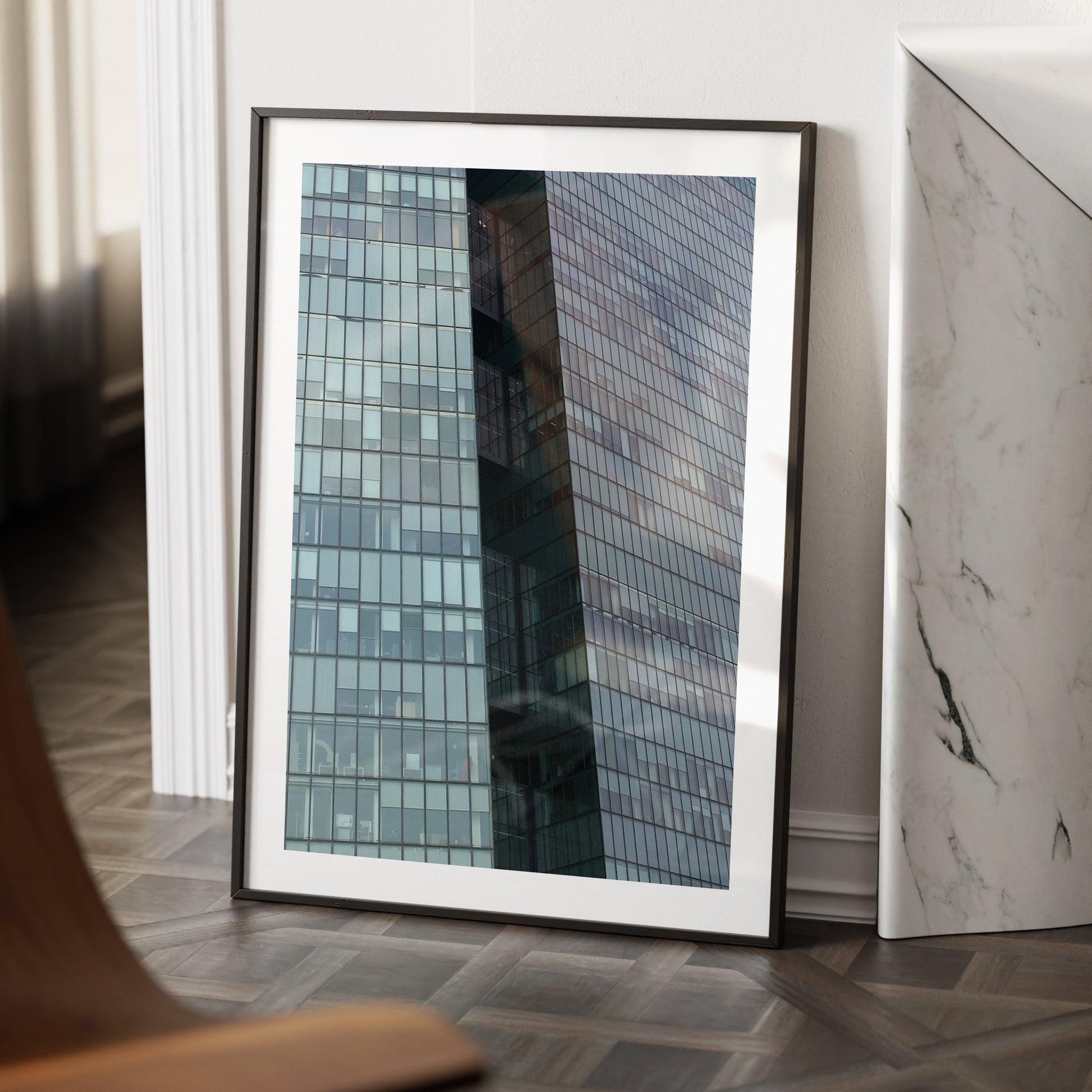 Modern Vienna glass building, urban photography, monochrome art print in a black metallic frame.