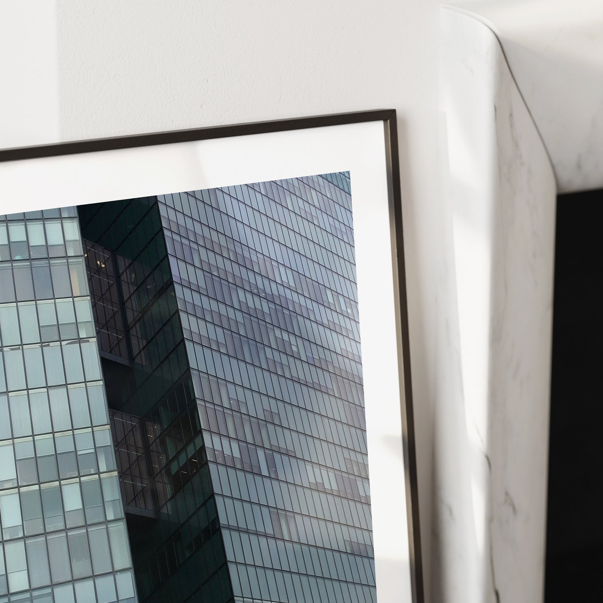Detail of a modern Vienna glass building, urban photography, monochrome art print.