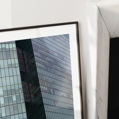 Detail of a modern Vienna glass building, urban photography, monochrome art print.