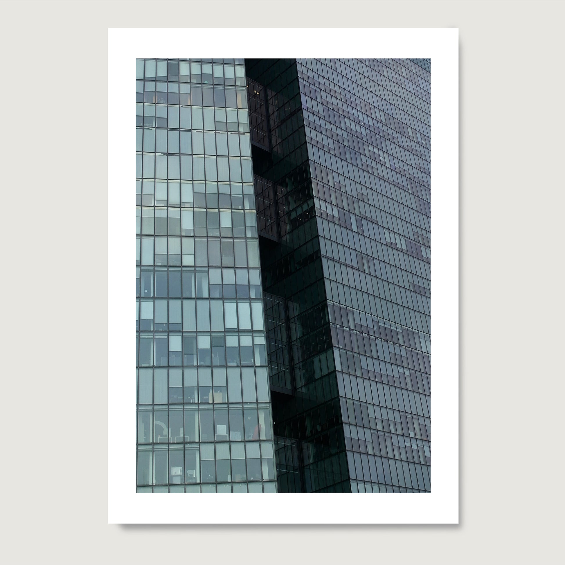 Modern Vienna glass building, urban photography, monochrome art print on paper.