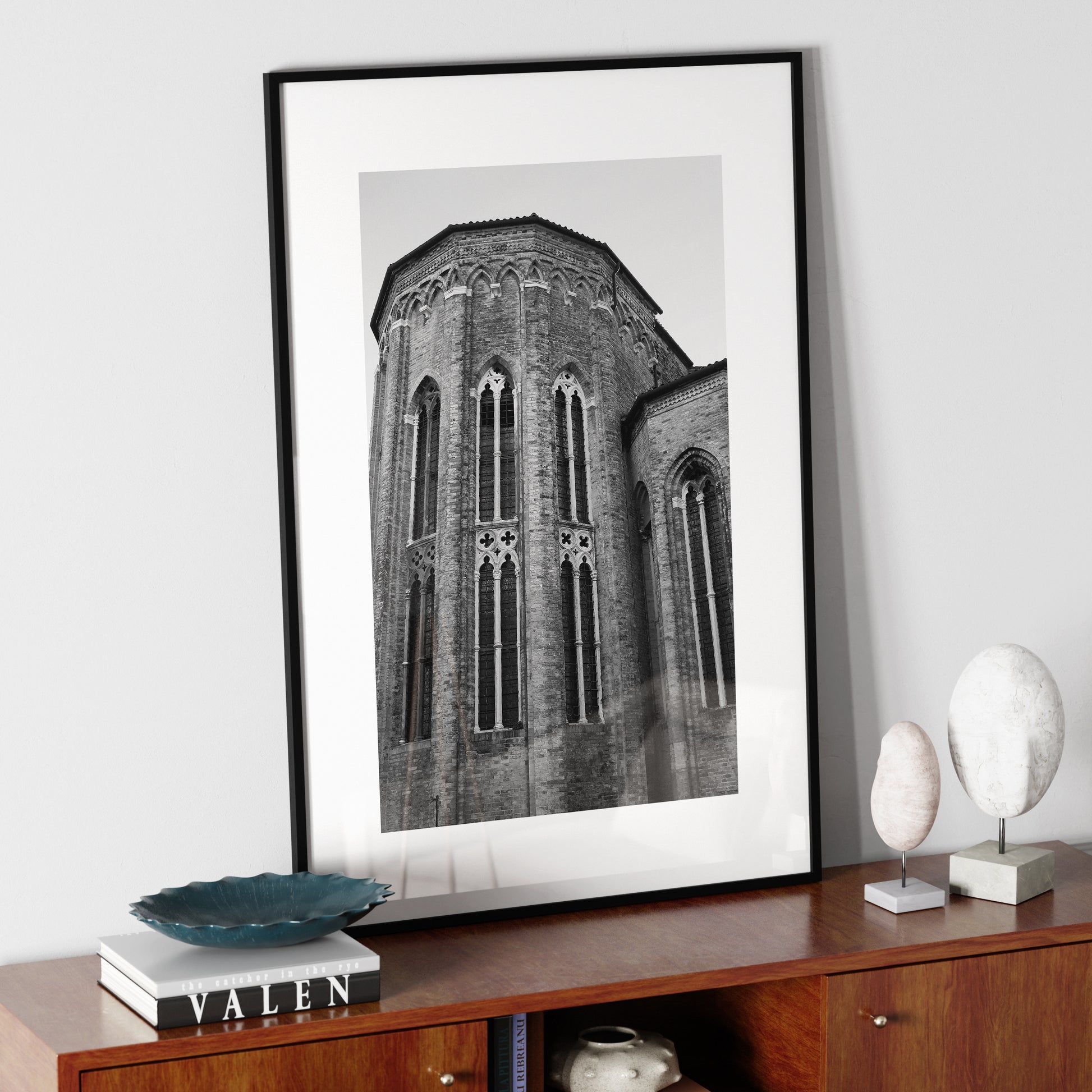 Gothic Venetian church, black and white artistic photography art print in a black, metallic frame.