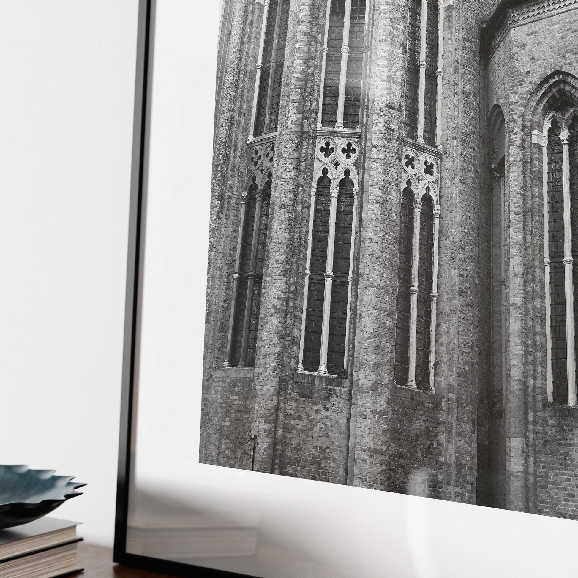 Detail of a gothic Venetian church, black and white artistic photography art print.