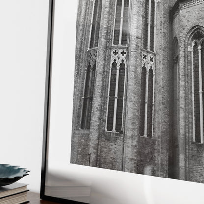 Detail of a gothic Venetian church, black and white artistic photography art print.