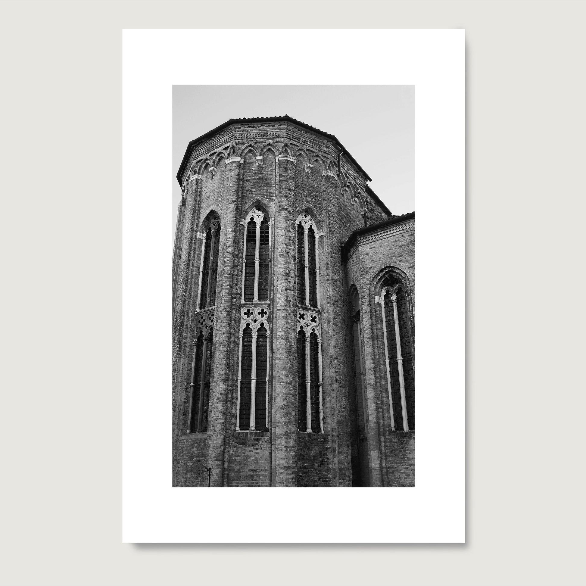 Gothic Venetian church, black and white artistic photography art print on paper.