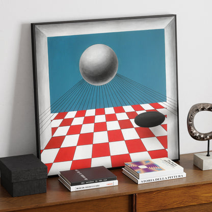Red and blue geometric contemporary painting on a sideboard.