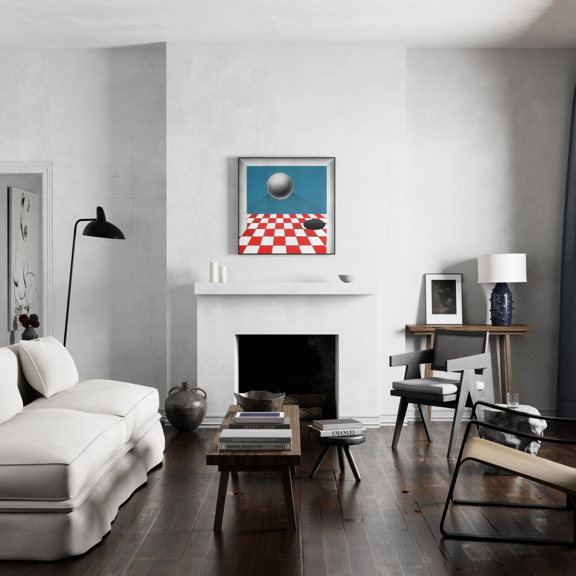 Red and blue geometric contemporary painting in a large living room.