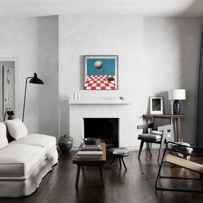 Red and blue geometric contemporary painting in a large living room.