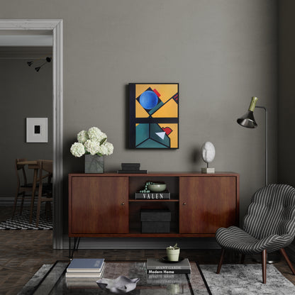 Colorful abstract geometric contemporary painting in a dark, chic interior.