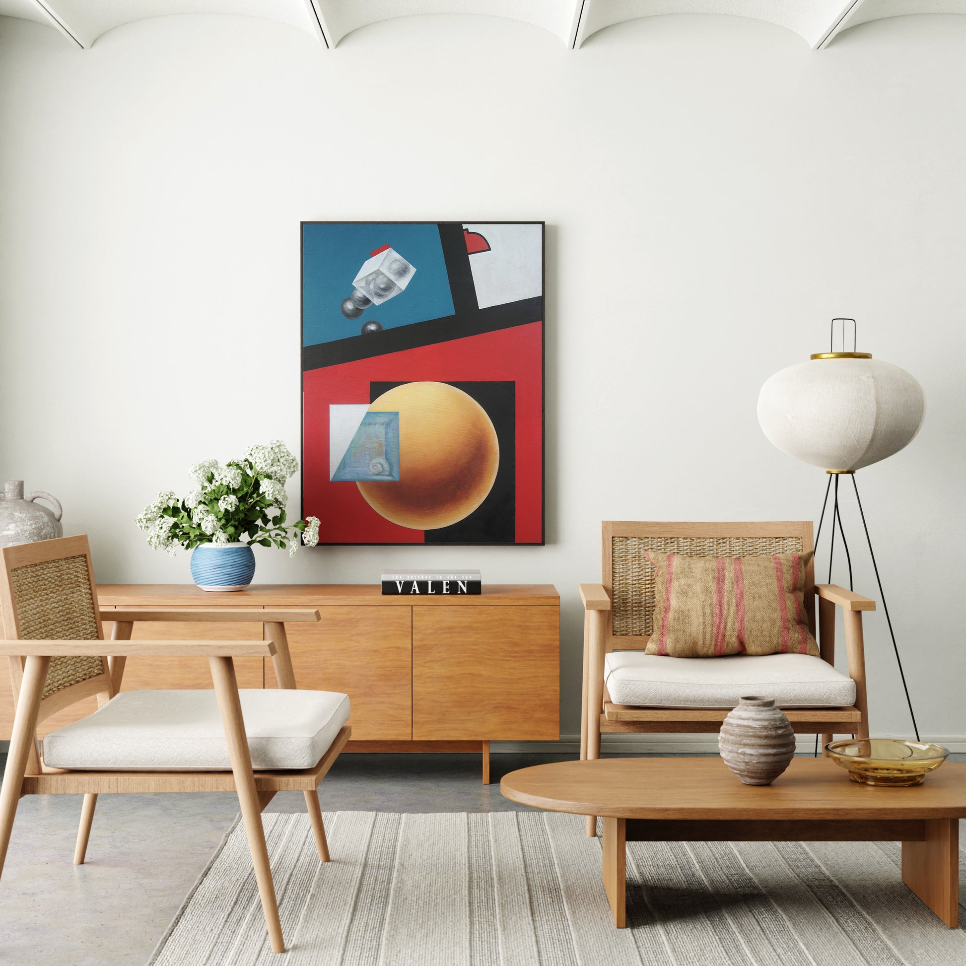 Intense colors abstract contemporary painting in a bright, natural interior.