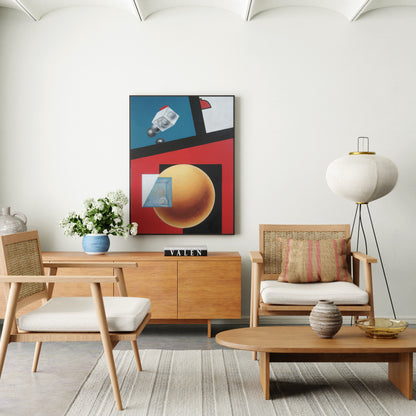 Intense colors abstract contemporary painting in a bright, natural interior.