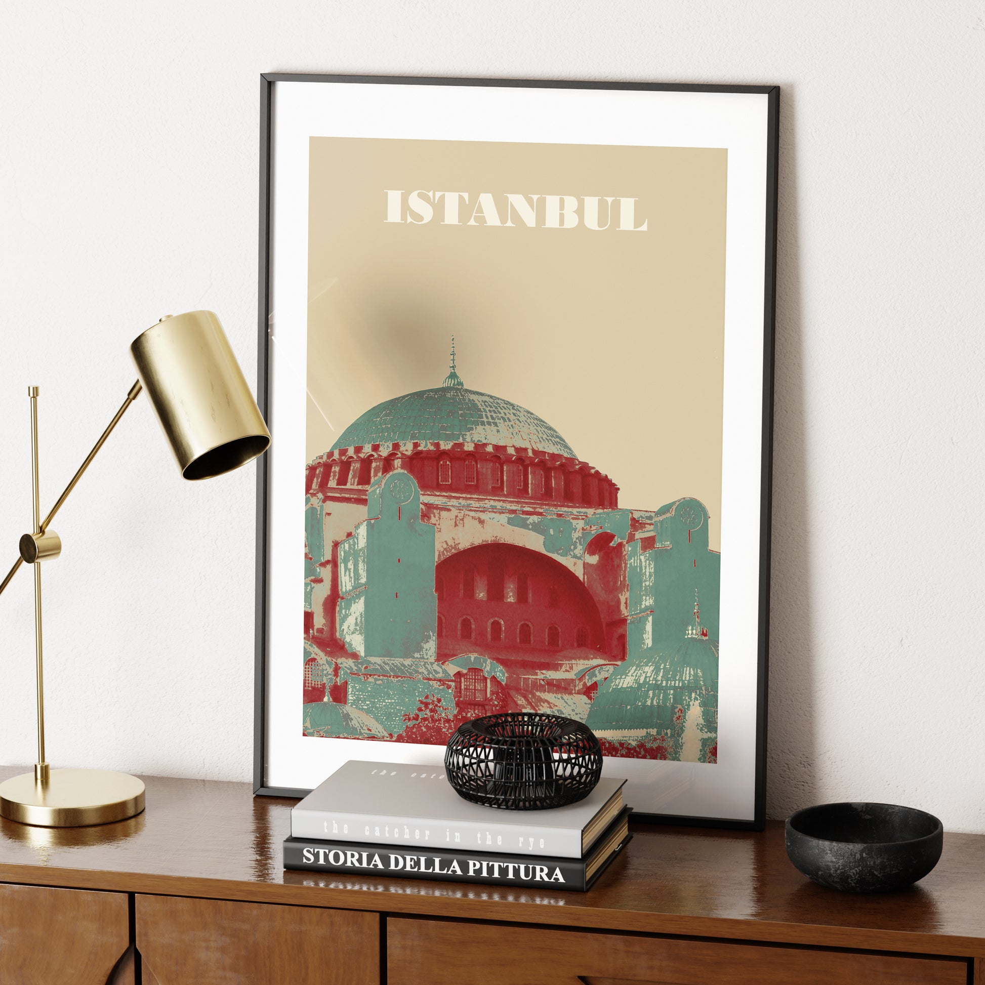 Travel poster Istanbul landmark art print in a dark metallic frame.