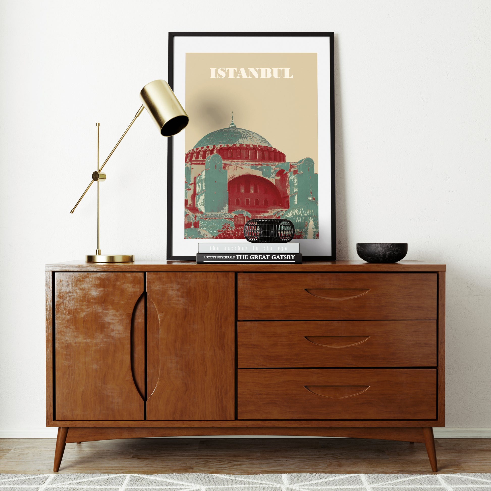 Travel poster Istanbul landmark art print on a vintage solid wood sideboard.