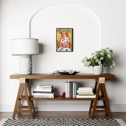 Wooden console table with books, a lamp, and flowers against a white wall.