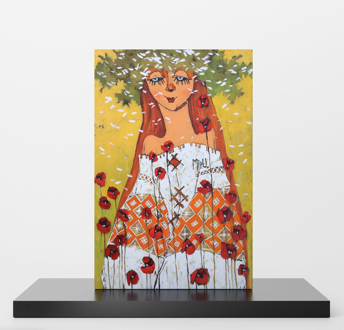Painting of a woman with red hair and poppies on a yellow background